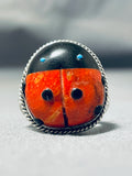Marvelous Native American Navajo Coral Jet Ladybug Sterling Silver Ben Begaye Ring-Nativo Arts