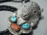 Huge Heavy Vintage Native American Navajo Buffalo Turquoise Sterling Silver Bolo Tie-Nativo Arts