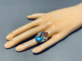 Carved Side Shank Vintage Native American Navajo Turquoise Coral Sterling Silver Ring-Nativo Arts