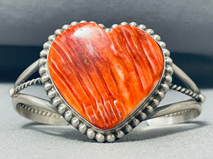 Captivating Native American Navajo Orange Spiny Sterling Silver Gigantic Heart Bracelet-Nativo Arts