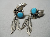 Impressive Vintage Native American Navajo Feather Sterling Silver Turquoise Earrings-Nativo Arts