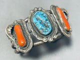 Tom Toledo Vintage Native American Navajo Morenci Turquoise Coral Sterling Silver Bracelet-Nativo Arts