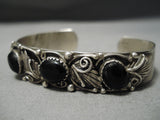 Detailed!! Vintage Native American Navajo Domed Jet Sterling Silver Leaf Garden Bracelet Old-Nativo Arts