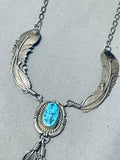 Superior Vintage Native American Navajo Morenci Turquoise Sterling Silver Necklace Signed-Nativo Arts
