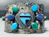 Native American Huge Vintage Navajo Turquoise Heart Sterling Silver Wide Bracelet Old-Nativo Arts