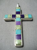Impressive Vintage Native American Navajo Turquoise Gaspeite Sterling Silver Cross Pendant-Nativo Arts