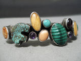 Thick Heavy Vintage Native American Navajo Royston Turquoise Bear Fetis Sterling Silver Bracelet-Nativo Arts