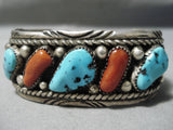 Opulent Vintage Native American Navajo Slanted Turquoise Coral Sterling Silver Leaf Bracelet Old-Nativo Arts