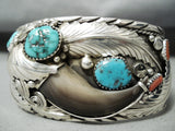 Wide Detailed Bear Native American Navajo Turquoise Coral Sterling Silver Bracelet-Nativo Arts