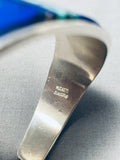 Thick Sturdy Vintage Native American Navajo Lapis Turquoise Inlay Sterling Silver Bracelet-Nativo Arts
