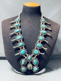 Blue Gem Turquoise Vintage Native American Navajo Sterling Silver Squash Blossom Necklace-Nativo Arts