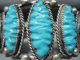 Museum Hand Carved Turquoise Vintage Native American Navajo Sterling Silver Bracelet Old-Nativo Arts