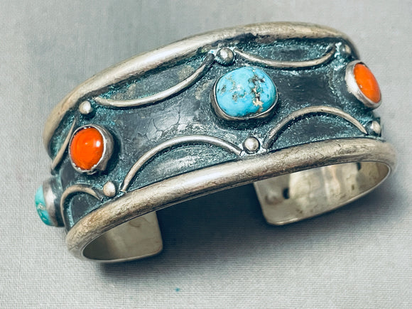 Sensational Vintage Native American Navajo Blue Gem Turquoise Coral Sterling Silver Bracelet-Nativo Arts