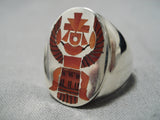 Important Zuni Harlan Coonsis Coral Inlay Sterling Silver Native American Ring-Nativo Arts