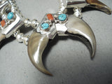 Authentic Native American Navajo Turquoise Coral Sterling Silver Squash Blossom Necklace-Nativo Arts