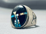 Detailed Night Vintage Native American Navajo Heavy Sterling Silver Opal Ring-Nativo Arts