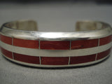 Heavy Thick Zuni Native American Sterling Silver Coral Thicker Bracelet-Nativo Arts