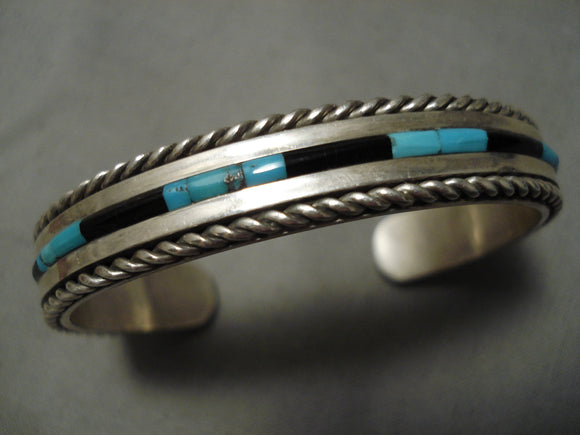 Important Jimmie King Jr Vintage Native American Navajo Turquoise Inlay Sterling Silver Bracelet-Nativo Arts