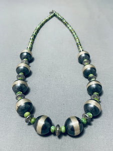 One Of The Best Vintage Native American Navajo Green Turquoise Sterling Silver Ball Necklace-Nativo Arts
