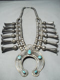 Long Flute Vintage Native American Navajo Turquoise Sterling Silver Squash Blossom Necklace Old-Nativo Arts