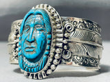 One Of Most Detailed Chief Head Hand Carved Turquoise Sterling Silver Bracelet-Nativo Arts