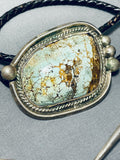 Chunky Vintage Native American Navajo Early Rare Deposit #8 Turquoise Sterling Silver Bolo Tie-Nativo Arts