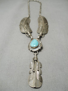 Detailed!! Vintage Native American Navajo Sterling Silver Feather Turquoise Necklace-Nativo Arts