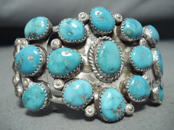 Stunning Vintage Native American Zuni 15 Blue Gem Turquoise Sterling Silver Bracelet-Nativo Arts