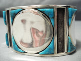Huge Heavy Unique Vintage Native American Navajo Turquoise Inlay Sterling Silver Bracelet Old-Nativo Arts