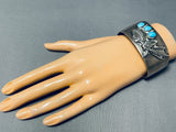Detailed Wide Vintage Native American Navajo Turquoise Sterling Silver Feather Bracelet-Nativo Arts