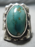 Navajo Sterling Silver Ring with Royston Turquoise – Carved Band Leaf Motif Size 10-Nativo Arts