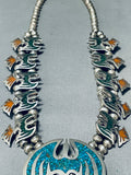 124 Gram Vintage Native American Navajo Turquoise Inlay Sterling Silver Squash Blossom Necklace-Nativo Arts
