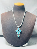 Stunning Native American Navajo Kingman Turquoise Sterling Silver Cross Necklace-Nativo Arts