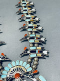 Authentic Vintage Native American Zuni Turquoise Sterling Silver Inlay Squash Blossom Necklace-Nativo Arts