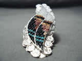 Exquisite Native American Zuni Textured Inlay Turquoise Coral Jet Sterling Silver Ring-Nativo Arts