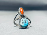 Fabulous Vintage Native American Navajo Kingman Turquoise Coral Sterling Silver Ring-Nativo Arts