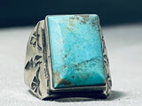 Outstanding Vintage Native American Navajo Kingman Turquoise Square Sterling Silver Ring-Nativo Arts