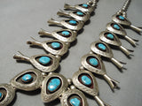 Big Vintage Native American Navajo Carico Lake Turquoise Sterling Silver Squash Blossom Necklace-Nativo Arts