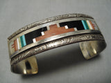 Superior Vintage Zuni Native American Navajo Turquoise Inlay Geomtric Sterling Silver Bracelet-Nativo Arts