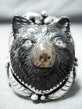 Native American One Of The Best Ever Hand Carved Bear Turquoise Sterling Silver Ring-Nativo Arts