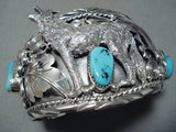 Detailed Howling Wolf Native American Navajo Turquoise Sterling Silver Bracelet-Nativo Arts