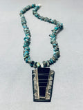 One Of The Most Unique Vintage Native American Navajo Turquoise Inlay Sterling Silver Necklace-Nativo Arts