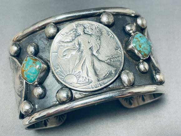 Native American 123 Gram Navajo Turquoise Sterling Silver Coin Bracelet-Nativo Arts