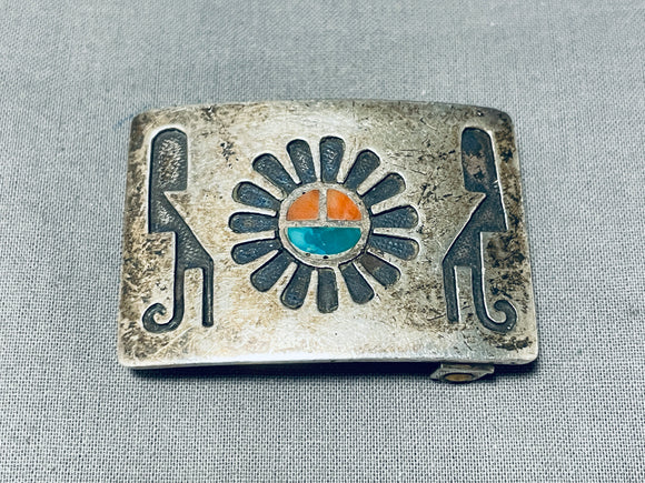 Native American Early Inlay Vintage Zuini Turquoise Sterling Silver Buckle-Nativo Arts