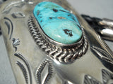 Magnificent Signed Vintage Native American Navajo Morenci Turquoise Sterling Silver Bolo Tie Old-Nativo Arts