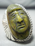 Native American One Of The Most Detailed Hand Carved Jade Inidan Head Sterling Silver Ring-Nativo Arts