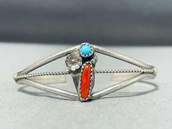 Sweet Vintage Native American Navajo Coral & Sleeping Beauty Turquoise Sterling Silver Bracelet-Nativo Arts