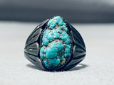Very Dark Patina Vintage Native American Navajo Turquoise Sterling Silver Ring Old-Nativo Arts