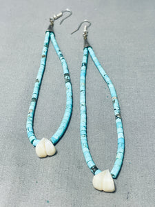 Intriguing Vintage Native American Navajo Turquoise White Shell Sterling Silver Jacla Earrings-Nativo Arts