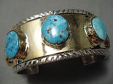 Rare Navajo 14k Gold Native American Sterling Silver Thick Turquoise Bracelet-Nativo Arts